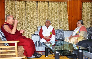 The Governor of Arunachal Pradesh Shri P.B. Acharya with His Holiness the 14th Dalai Lama at Thupsung Dhargye Ling Monastery, Dirang, 45 km from Bomdila in West Kameng District on 6th April 2017.